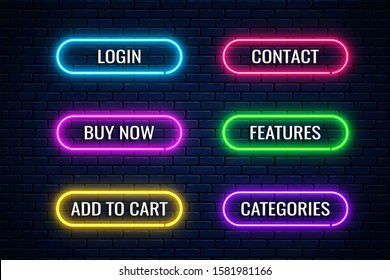 Glow neon buttons for internet store design. Set of website shop button. Vector shiny design elements. Login, buy now, add to cart, contact, features, categories action signs for internet use.