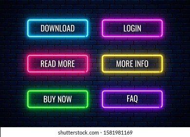 Glow neon buttons for web design. Set of website button on dark brick wall background. Vector shiny design elements. Download, read more, buy now, login, more info, FAQ action signs for internet use.