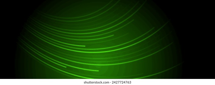 Glow neon green minimal curved lines abstract tech background. Geometric vector banner design