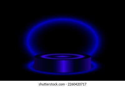 Glow neon podium. Minimal vector illustration blue and violet light background with platform for presentation product or event.