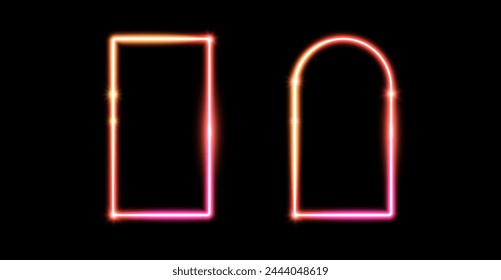 Glow neon rectangle and arch frames. Pink yellow shining borders. Neon light portal doors concept. Gold rectangular and curved arc border with flares. Design element for poster, banner, game. Vector