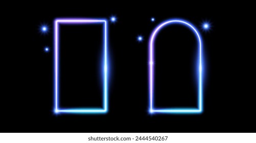 Glow neon rectangle and arch frames. Blue light shining borders. Neon portal doors concept. Rectangular and curved arc border with flares and sparkles. Design element for poster, banner, game. Vector