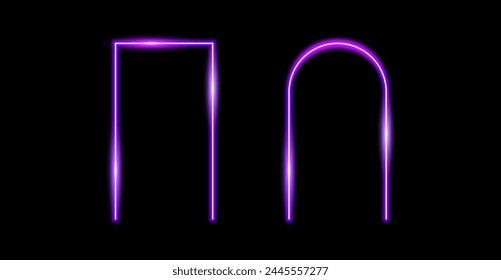 Glow neon rectangular and arch frames. Purple shining borders. Light portal doors concept. Gold rectangular and curved arc border with flares. Design element for poster, banner, game, brochure. Vector