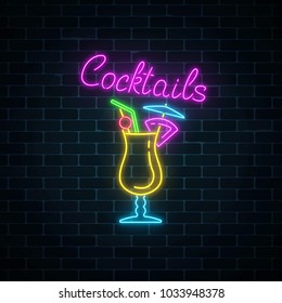 Glow neon sign of cocktails bar on dark brick wall background. Glowing gas advertising with pina colada alcohol shake. Drinking canteen banner. Night club invitation. Vector illustration.