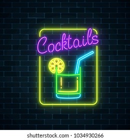 Glow neon symbol of cocktails bar on dark brick wall background. Glowing gas advertising with caipirinhas alcohol shake. Drinking canteen banner. Night club invitation. Vector illustration.