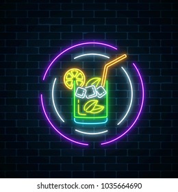 Glow neon symbol of cocktails bar in round frames on dark brick wall background. Glowing gas advertising with caipirinhas shake. Drinking canteen banner. Night club invitation. Vector illustration.