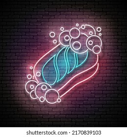Leve trozo de jabón con burbujas. Plantilla de concepto de higiene manual. Afiche, Volante, Cartel, Cartel. Muro de ladrillo. Ilustración del vector 3d