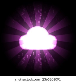 Glow pink data cloud on sun burst dark background with digit elements. Communication, technology, digital data clound concept. Vector Illustration.  
