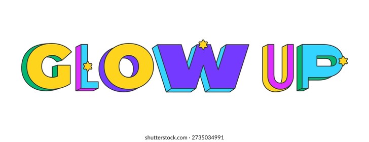 Glow up playful 3D text design. Personal transformation. Beauty enhancement. Self care. Style upgrade. Multicolor block letters. Retro funky style with stars. Pop culture. Montserrat font used