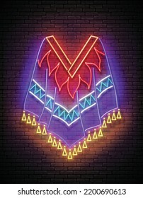 Glow Poncho, Ethnic Mexican Culture. Day of the Dead, Dia de los Muertos, Cinco de Mayo Holidays. Shiny Neon Poster, Flyer, Banner, Postcard, Invitation. Brick Wall. Vector 3d Illustration 
