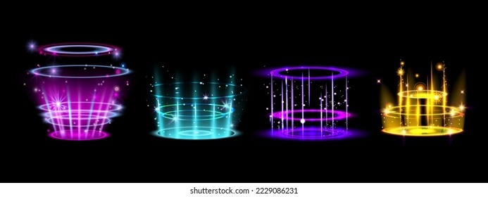 Glow portal set, vector game light hologram scene, magic neon circles, technology digital teleport. Sci-fi cyberpunk platform beams, future travel round pedestal energy hole. Space game portal clipart