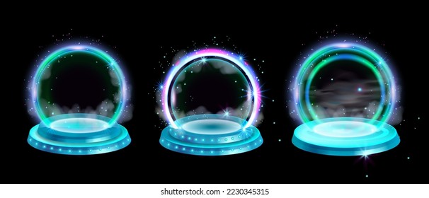 Glow Portal Set, Vektorspiel-Magie Neon Kreise, Technologie digitales Teleport, helle Hologramm-Szene. Sci-fi Cyberpunk Plattform Balken, künftige Reise rund um das Podest Energie Loch. Videoportal für Weltraumspiele