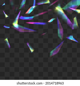 Glow Prism Vector Transparent Background. Hologram Glitch Falling Wallpaper. Rainbow Tinsel Paper Poster. Gradient Metal Confetti Branch.