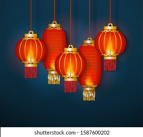 Glow of red traditional Chinese lanterns banner or template vector illustration on blue background. Design element the asian symbol of New year for celebration or events.