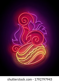 Glow Roasted Coffee Bean with Ornamental Fire. Cafe Label. Espresso, Americano Drink. Neon Poster, Flyer, Banner, Postcard, Invitation. Glossy Background. Vector 3d Illustration