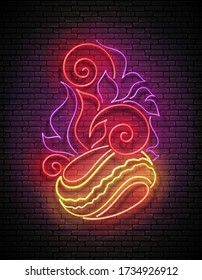 Glow Roasted Coffee Beans with Ornamental Fire. Cafe Label. Espresso, Americano Drink. Neon Poster, Flyer, Banner, Postcard, Invitation. Glossy Background. Vector 3d Illustration