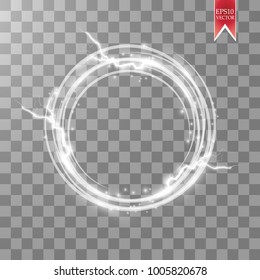 Glow round frame with electricity and lightningand many shine particles isolated on transparent background. Vector illustration. EPS 10.