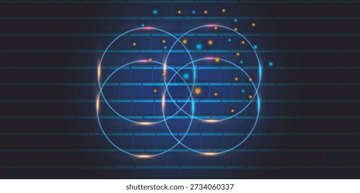 Marco redondo brillante con muchas partículas de brillo y efecto eléctrico. Fondo de Vector. Luz de neón azul