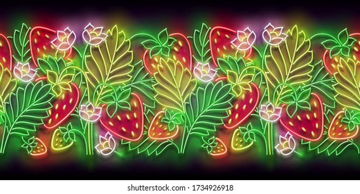 Patrón brillante sin foco con fresa y flores. Cocina fresca de verano, Berry orgánica. Afiche, Volante, Cartel Luminoso. Fondo brillante. Ilustración del vector 3d