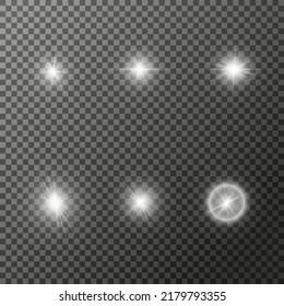 Glow set isolated white transparent light effect. The effect of glowing lights, glare, explosions and stars. Glittering magical dust particles. Bright Star. Vector sequins.
