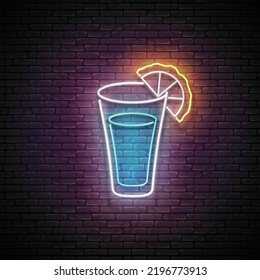 Glow shot with Mexican tequila. Traditional ethnic alcoholic drink. Neon Light Poster, Flyer, Banner, Signboard. Brick Wall. Vector 3d Illustration 