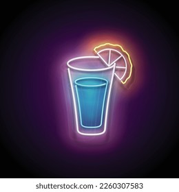 Glow shot with Mexican tequila. Traditional ethnic alcoholic drink. Neon Light Poster, Flyer, Banner, Signboard. Glossy Background. Vector 3d Illustration 