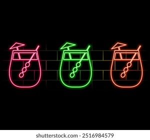 Glow shot with Mexican tequila. Traditional ethnic alcoholic drink. Neon Light Poster, Flyer, Banner, Signboard. Brick Wall. Vector 3d Illustration.