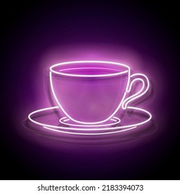 Glow Signboard with a Cup of Coffee. Cafe Label. Cappuccino, Espresso, Americano Drink. Neon Poster, Flyer, Banner, Invitation. Glossy Background. Vector 3d Illustration