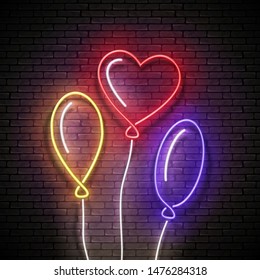 Glow Signboard with Different Form Balloons. Sale Flyer, Happy Birthday Greeting Card. Neon Light Poster, Banner, Invitation. Seamless Brick Wall. Vector 3d Illustration. Clipping Mask, Editable