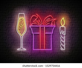 Glow Signboard with Gift, Champagne and Candle. Romantic Flyer, Happy Birthday Greeting Card. Poster, Banner, Invitation. Brick Wall, Vertical Seamless. Vector 3d Illustration. Clipping Mask, Editable