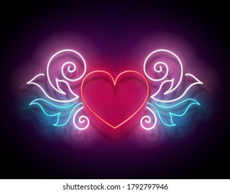 Glow Signboard With Ornate Heart. Valentine Greeting Card Template, Tattoo Parlor. Neon Light Poster, Flyer, Banner, Invitation. Glossy Background. Vector 3d Illustration