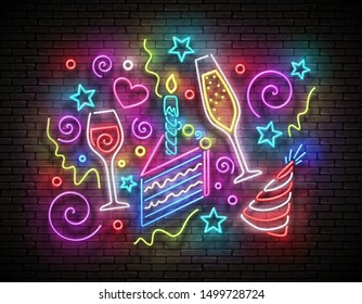 Glow Signboard with Piece of Cake, Champagne and Confetti. Holiday Flyer, Happy Birthday Greeting Card. Neon Poster, Banner, Invitation. Brick Wall. Vector 3d Illustration. Clipping Mask, Editable