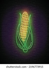 Glow single ear of sweetcorn with green leaves.  Fresh corn, maize. Neon Light Poster, Flyer, Banner, Signboard. Brick Wall. Vector 3d Illustration 