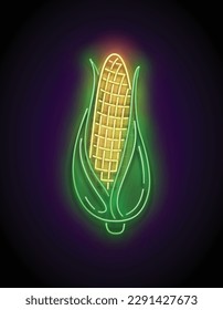 Glow single ear of sweetcorn with green leaves.  Fresh corn, maize. Neon Light Poster, Flyer, Banner, Signboard. Glossy Background. Vector 3d Illustration 