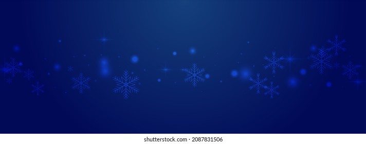 Glow Snowfall Vector Pnoramic Blue Background. Shiny Festive Snow Invitation. Bokeh Stars Card. Magic Snowflake Illustration.