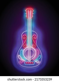 Glow Spanish Guitar, Ethnic Mexican Culture. Day of the Dead, Dia de los Muertos, Cinco de Mayo Holidays. Neon Poster, Flyer, Banner, Postcard, Invitation. Glossy Background. Vector 3d Illustration