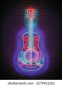 Guitarra Española Brillante, Cultura Étnica Mexicana. Día de los Muertos, Días de los Muertos, Fiestas de Cinco de Mayo. Afiche, Volante, Cartel, Postales, Invitación. Muro de ladrillo. Ilustración del vector 3d