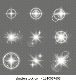 Glow special effect light, flare, star and burst. Sparkling magical dust particles. Bright Star. Transparent shining sun, bright flash. Special effect isolated on transparent background 