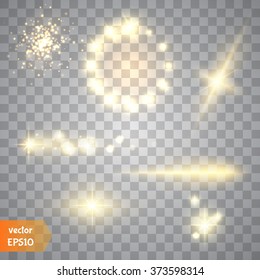 Luz de efecto especial brillante, brillo, estrella y ráfaga. Chispa aislada. Luces doradas. Vector