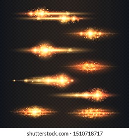 The glow of a special effect of light flash. Transparent light effect set. Sparks and stars. Sparkling dust particles. Christmas decoration isolated. Vector illustration.