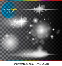 The glow of a special effect of light flash, the star and blast. Isolated spark on a transparent background. Set