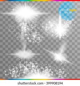 The glow of a special effect of light flash, the star and blast. Isolated spark on a transparent background. Set