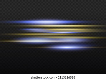 Efecto luminoso especial brillante. Envase con bengalas horizontales amarillas y azules. Vigas láser, rayos de luz horizontales. Rasgos brillantes sobre fondo transparente. Resumen de las bengalas de trazas de la bengala de fuego. Vector.