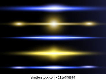 Glow special light effect. Yellow and blue horizontal lens flares pack. Laser beams, horizontal light rays. Glowing streaks on dark background. Abstract fire flare trace lens flares. Vector.
