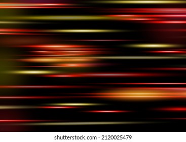 Glow special light effect. Yellow and red horizontal lens flares pack. Glowing glittering line on dark background. Abstract fire flare trace lens flares. Laser beams, horizontal light rays. Vector.