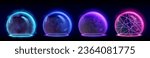 Glow sphere protective shield with different abstract surface textures and transparency effect. Realistic 3d vector of neon luminous security ball. Dome with force energy field or barrier to protect.