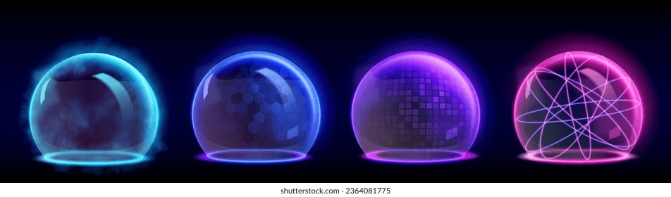 Protector protector de esfera brillante con diferentes texturas abstractas de superficie y efecto de transparencia. Realista 3d vector de la bola de seguridad luminosa neón. Domo con campo de energía forzoso o barrera para proteger.