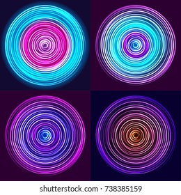 Glow spin neon circles set. Abstract background. Vector illustration