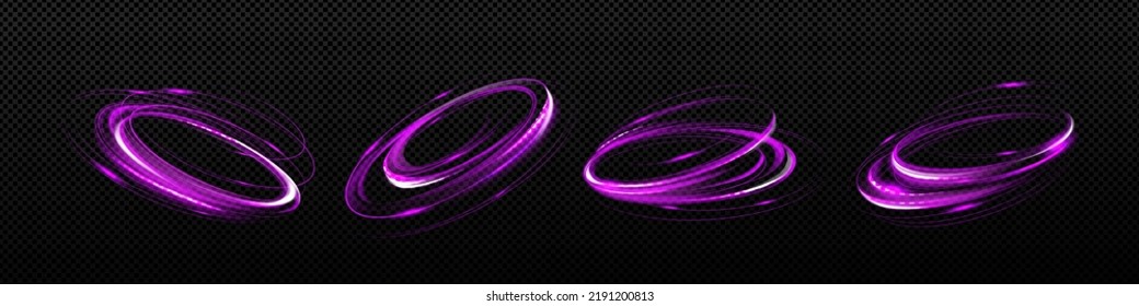 Glow spinning circles, speed, motion effect, circle waves, thunder energy or magic spiral swirls isolated on black background. Shiny purple round vortex tracees, Realistic 3d Vector illustration