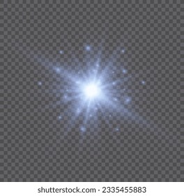 Glow star burst flare explosion light effect isolated on transparent background. Bright sun particles, burning blue lights, stars, lasers. Set of realistic lens flare elements. Vector illustration